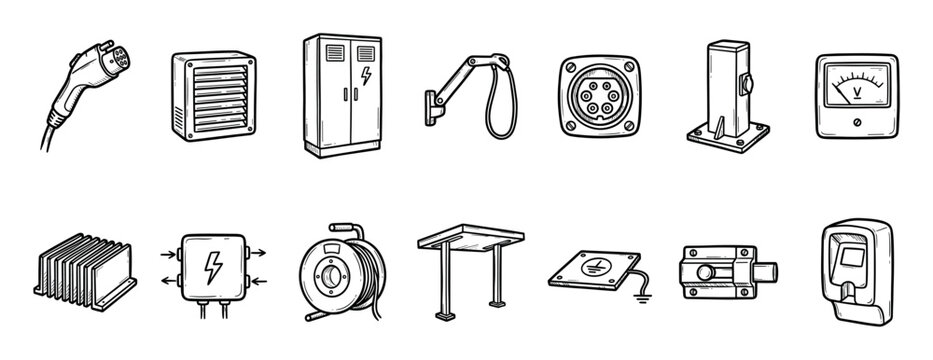 Set of hand-drawn electric vehicle charging station icons showing a plug, socket, cabinet, and voltmeter in a black and white doodle style illustration