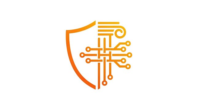 Orange and gold shield with circuit board patterns.