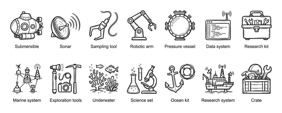 Marine research and ocean exploration icon set featuring a submersible, sonar, robotic arm, and scientific equipment in a hand-drawn black and white doodle style