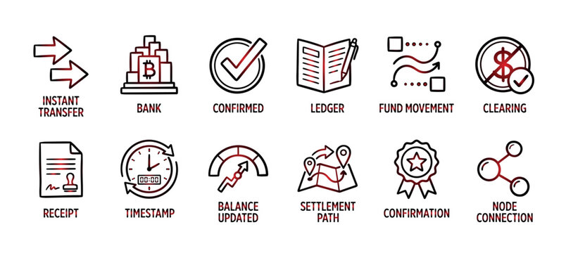 Set of hand-drawn finance and cryptocurrency icons illustrating transaction processes like instant transfer, confirmation, and settlement, presented in a clean doodle style with red accents