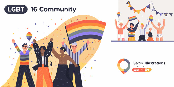 Pride celebration character collection colorful vector illustration with rainbow flag