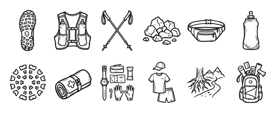 Set of trail running and hiking icons showing essential outdoor gear like a hydration vest, backpack, trekking poles, and first aid kit in a black and white doodle illustration style