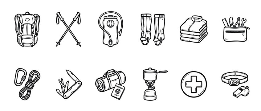 Set of hand-drawn hiking equipment icons in a black and white doodle style, featuring a backpack, trekking poles, camping stove, and survival gear for outdoor adventure