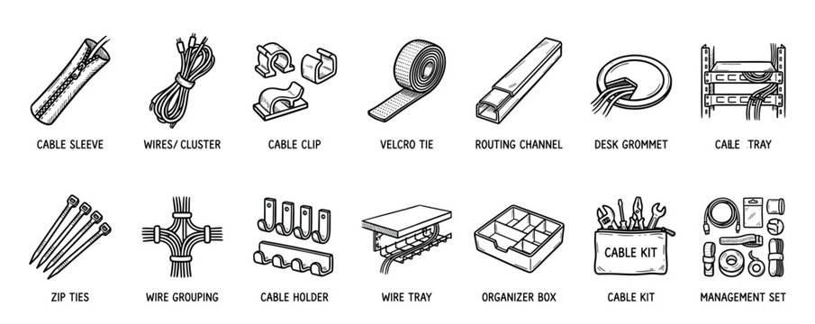 Cable management tools and accessories icon set featuring hand-drawn doodle illustrations of various organizers like zip ties, sleeves, clips, and trays for tidy wiring