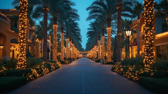 Palm-lined boulevard glowing with festive evening lights
