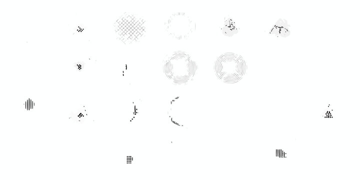 Dot matrix and abstract line patterns on a white background