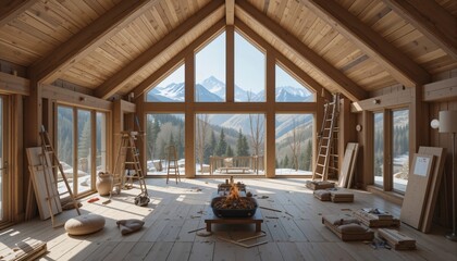 Obraz premium Mountain cabin interior with warm rustic serenity