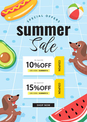 Fototapeta premium Summer sale coupon promotion template vector illustration. Fruit pool rafts and Dachshund swim ring