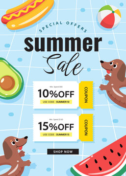 Summer sale coupon promotion template vector illustration. Fruit pool rafts and Dachshund swim ring