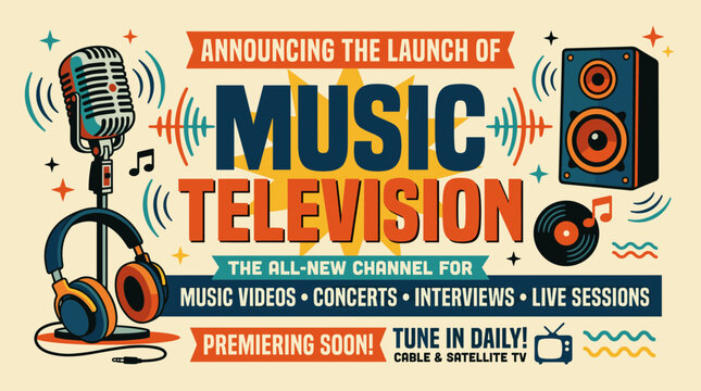 Music Television Launch, MTV Style Retro Poster, Vintage Announce, Music Channel Promotion
