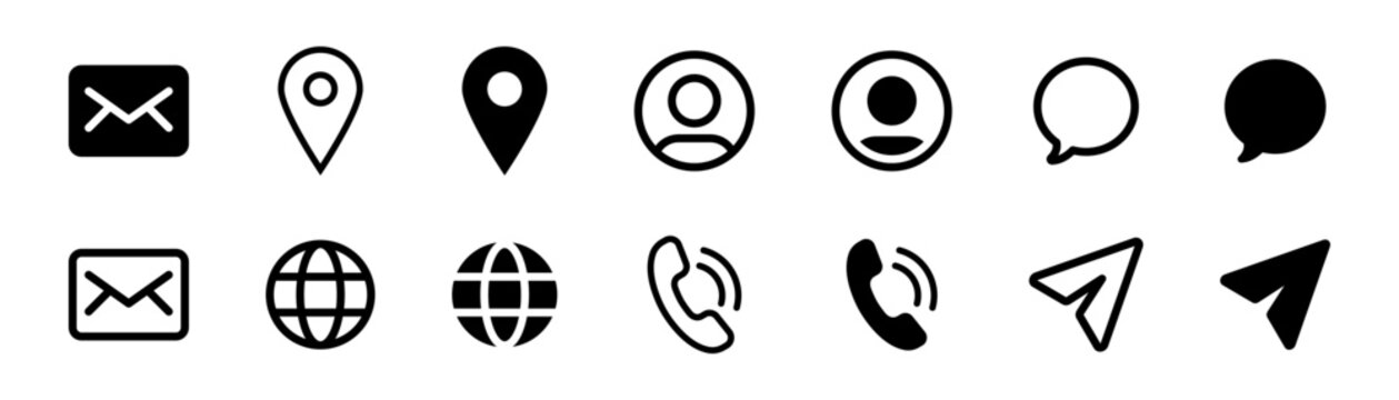 Business Contact icon set . mail, location, phone, globe، website, message, and profile symbols in outline and solid black for business card and communication design