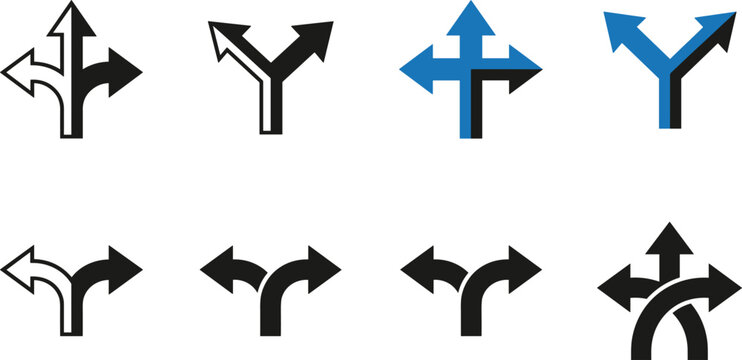 Directional arrow icon set showing road split decision paths alternative choices bifurcation and crossing for navigation design