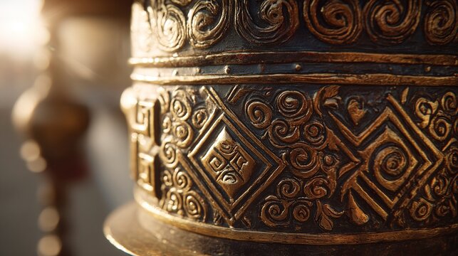 tibetan. Antique Tibetan prayer wheel rotating in warm sunlight, intricate golden patterns. event programs, museum guides, designed for cultural heritage projects and event programs.