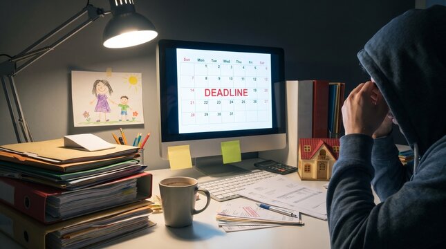 Stressed man covering face at computer desk with pile of bills and deadline calendar
