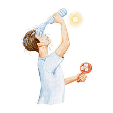 Man pours water over his head to cool off in the heat, holding a fan in his other hand.