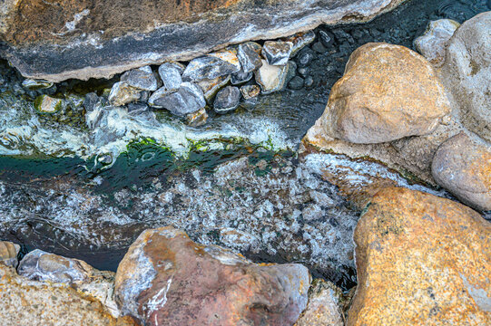 Natural Series : White filaments of Chloroflexus aurantiacus bacteria grow in clear hot spring mineral water stream flowing gently over rocks.
