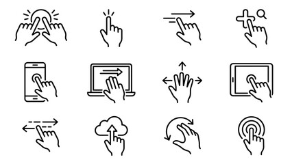 Fototapeta premium Touchscreen gesture icons vector illustration, black outline set featuring hand movements for tap, swipe, zoom, rotate, and drag actions on smartphones, tablets, and computers, digital interaction con