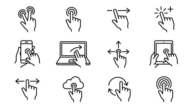 Touchscreen gesture icons vector illustration, black outline set featuring hand movements for tap, swipe, zoom, rotate, and drag actions on smartphones, tablets, and computers, digital interaction con
