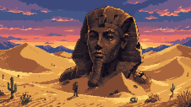 Ancient sphinx statue in desert landscape, pixel art illustration