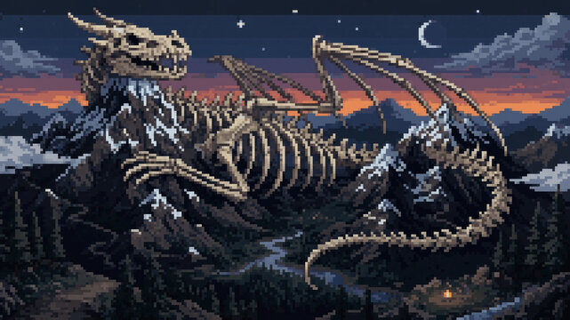 Epic giant dragon skeleton resting on snowy mountain range, pixel art illustration
