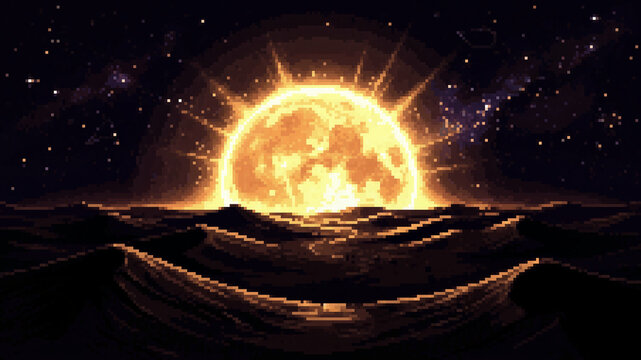 Surreal cosmic sunrise over dark desert landscape, pixel art illustration