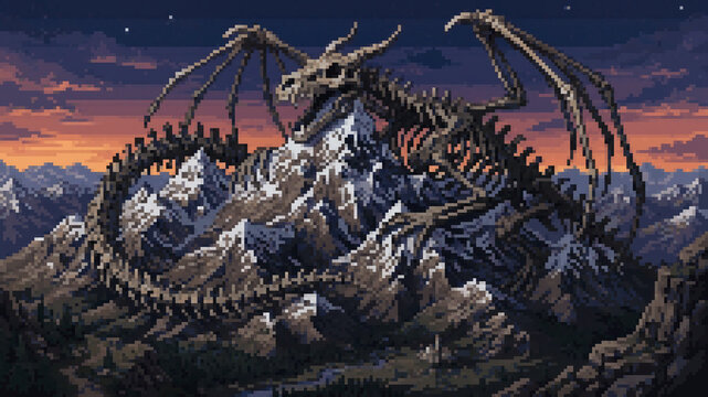 Epic giant dragon skeleton on snowy mountain range at sunset, pixel art illustration