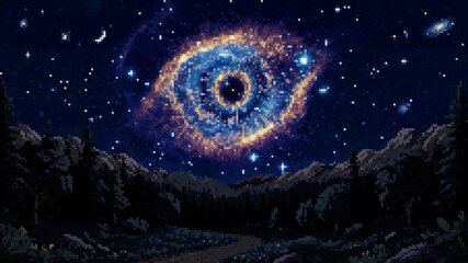Surreal pixel art illustration of a cosmic eye nebula floating above a dark forest landscape © Pyxzel