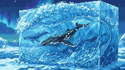 Surreal pixel art illustration of humpback whales swimming inside a giant frozen ice cube in an arctic landscape © Pyxzel