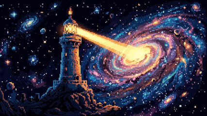 Surreal pixel art lighthouse emitting a beam of light into a glowing galaxy nebula © Pyxzel