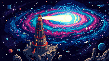 Surreal pixel art lighthouse floating in space overlooking a glowing galaxy nebula © Pyxzel