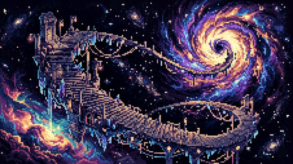 Surreal pixel art illustration of a stone staircase floating in a vibrant spiral galaxy nebula © Pyxzel