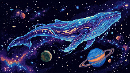 Surreal pixel art space whale swimming through a cosmic galaxy nebula © Pyxzel