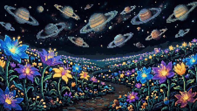 Surreal pixel art landscape of a glowing flower field under a sky filled with planets