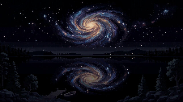 Surreal pixel art of a spiral galaxy reflecting on a calm lake at night