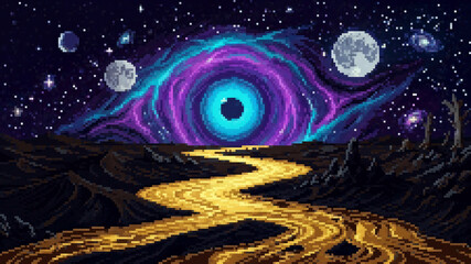Surreal pixel art landscape of a glowing golden river leading to a cosmic black hole nebula © Pyxzel
