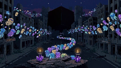 Surreal pixel art illustration of glowing jellyfish spirits floating toward a mysterious black cube in a ruined city at night © Pyxzel