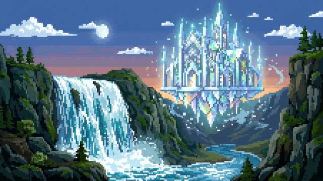 Surreal pixel art illustration of a glowing floating crystal castle with a waterfall at twilight