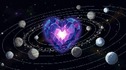Cosmic pixel art illustration of a glowing crystal heart at the center of a solar system © Pyxzel