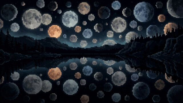 Surreal pixel art illustration of a night landscape with multiple moons reflecting in a calm lake