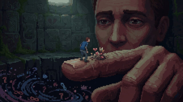 Surreal pixel art illustration of a tiny person interacting with a giant hand and face in a dark fantasy dungeon