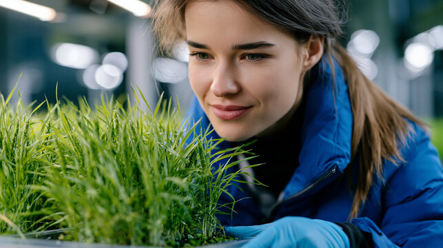 Agricultural biotechnology researcher in greenhouse examining CRISPR plant disease resistance modified wheat seedlings showing healthy vigorous growth beside visibly pathogen-affected unedited contr