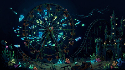 Surreal pixel art illustration of an abandoned underwater amusement park with glowing jellyfish © Pyxzel