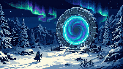 Fantasy pixel art illustration of a traveler standing before a glowing magic portal in a snowy winter forest under aurora borealis © Pyxzel