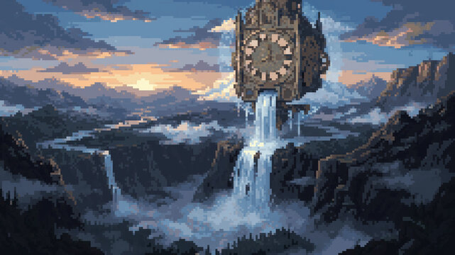 Surreal pixel art illustration of a floating clock tower with a waterfall over a mountain landscape at sunset