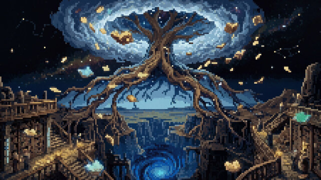 Surreal pixel art illustration of a cosmic world tree arching over a mysterious abyss
