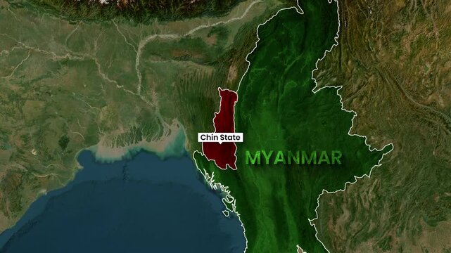 Animated map highlights Chin State within Myanmar, satellite view footage