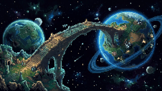 Surreal fantasy pixel art illustration of an ancient stone bridge connecting two planets in outer space