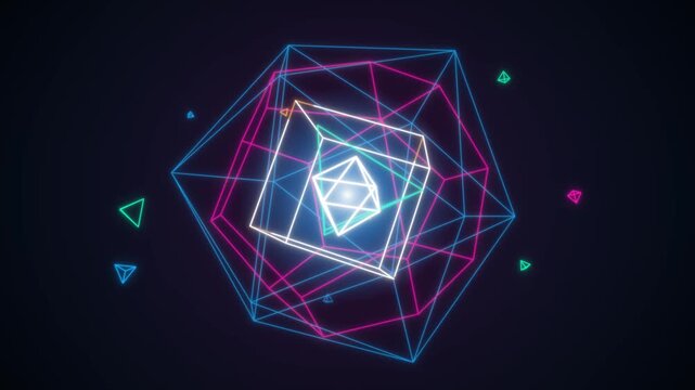 Abstract neon geometric shapes, a mesmerizing tunnel of glowing wireframe cubes and polygons, futuristic digital art for technology and entertainment backgrounds