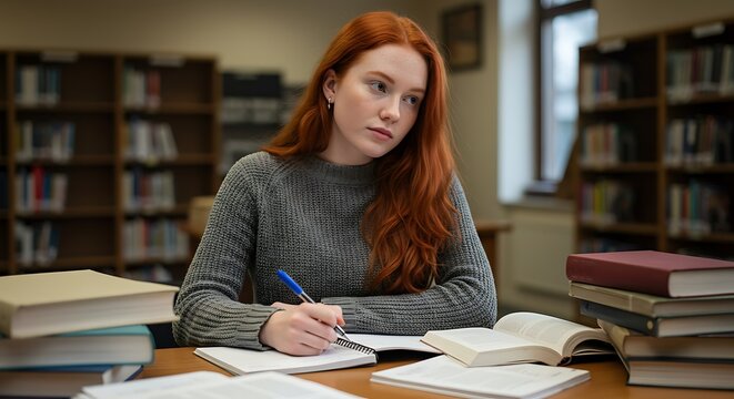 Focused Student in Library, Deep in Thoughtful Study Session.