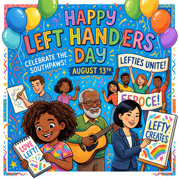 Happy Left Handers Day Celebration with Diverse People Drawing and Playing Guitar